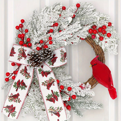 15.75-Inch Snow Christmas Wreath with Red Berries, Pine Cones, Bird & Lights - Perfect for Front Door or Farmhouse Holiday Décor