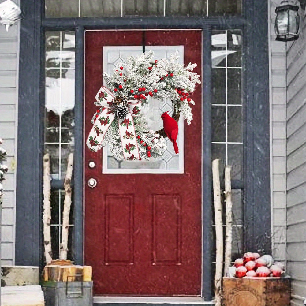 15.75-Inch Snow Christmas Wreath with Red Berries, Pine Cones, Bird & Lights - Perfect for Front Door or Farmhouse Holiday Décor