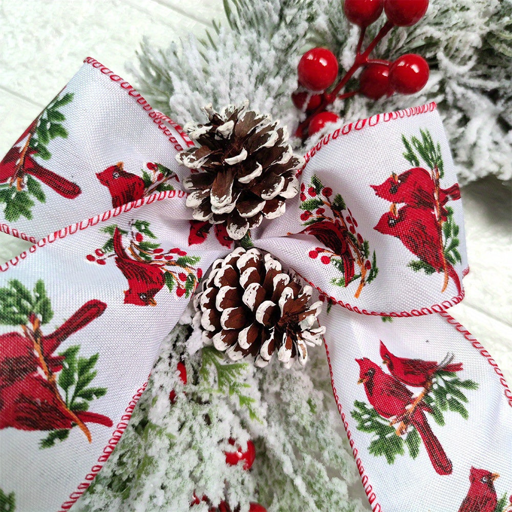 15.75-Inch Snow Christmas Wreath with Red Berries, Pine Cones, Bird & Lights - Perfect for Front Door or Farmhouse Holiday Décor