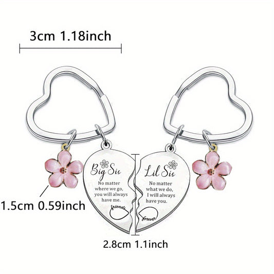 Big Sis Lil Sis Keychain Set - Heart-Shaped Stainless Steel Matching Keychains with Floral and Alphabet Charms for Sisters