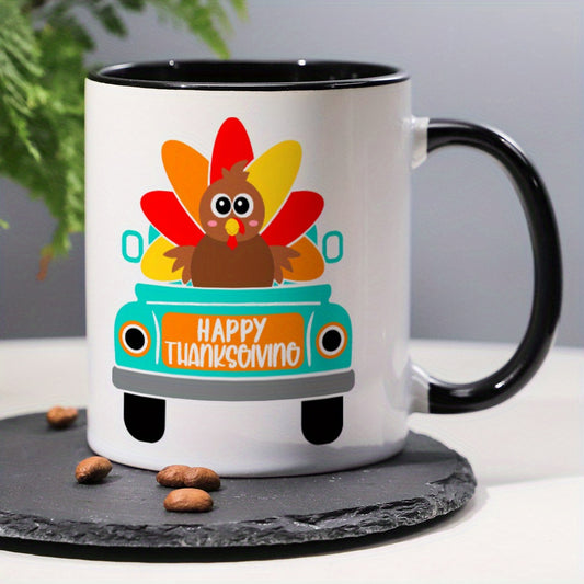 Happy Thanksgiving Funny Humorous Coffee Mug – 11 oz Ceramic with Truck and Turkey Pattern