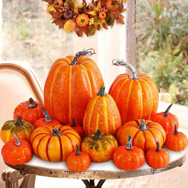 16-Piece Autumn Pumpkin Decor Set – Large & Small Faux Foam Pumpkins for Fall, Halloween, and Harvest Festival Decor