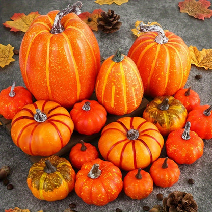 16-Piece Autumn Pumpkin Decor Set – Large & Small Faux Foam Pumpkins for Fall, Halloween, and Harvest Festival Decor