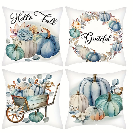 Modern Blue Pumpkin Fall Pillow Covers – Set of 4, Zippered, 18x18 Inch