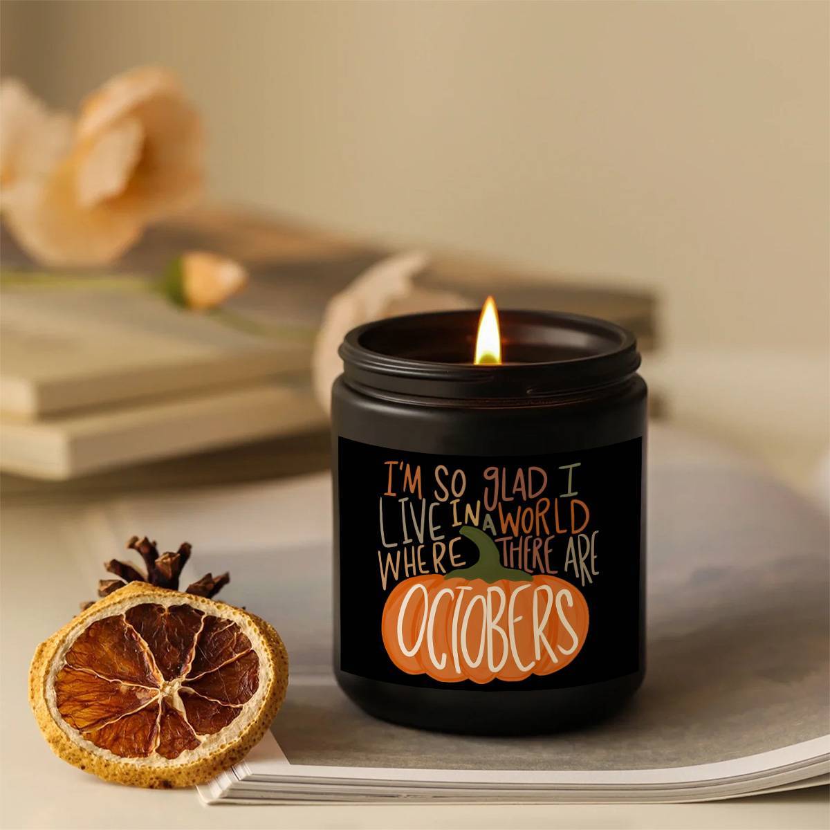 Hello October Scented Candle – Fall Themed Pumpkin Orange Terracotta