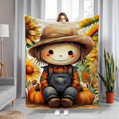 Cozy Thanksgiving Pumpkin Boy Throw Blanket – Soft & Warm Polyester for All Seasons