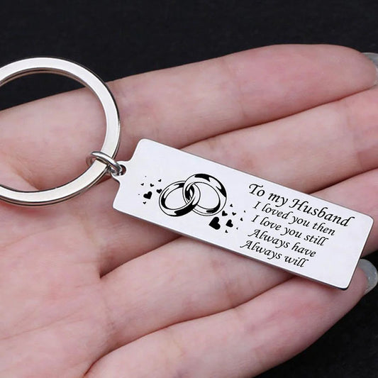 Stainless Steel Keychain for Husband – Engraved Romantic Message & Ring Band Illustration | Durable Metal Keyring Gift for Spouse