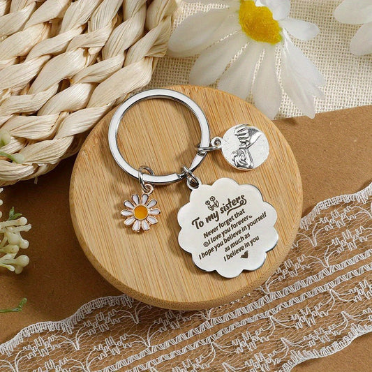 Inspirational Sister Keychain - Stainless Steel with Floral and Double Heart Charms, Engraved with a Loving Message