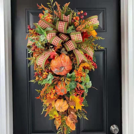 23.62in Fall Harvest Teardrop Swag with Dahlia, Pumpkin, Leaves & Berries - Thanksgiving & Halloween Décor