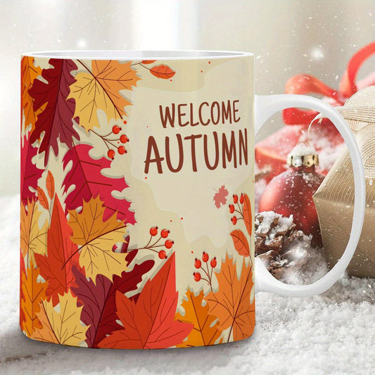 Welcome Autumn Design Ceramic Coffee Mug – Maple & Pumpkin Theme (11 oz)