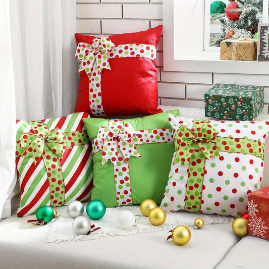 Set of 4 Christmas Throw Cushion Covers – 18x18 Inch Decorative Holiday Pillowcases with Festive Red & Green 3D Bow Design