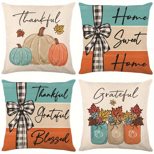 Set of 4 Fall Thanksgiving Pillow Covers – "House of Sweet Home" Pumpkin & Floral Design (18x18 Inch)