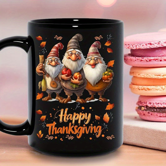 Happy Thanksgiving Ceramic Coffee Mug with Gnome Design – Reusable, Machine Washable, Multipurpose for Hot and Cold Drinks