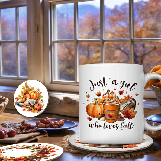 Multipurpose Ceramic Coffee Mug and Coaster Set with Thanksgiving and Fall Designs – 11oz Reusable Cup for Drinks