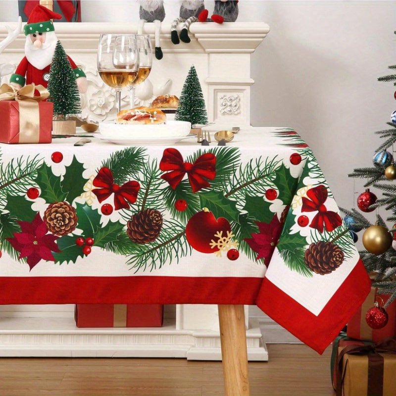 Christmas Tablecloth with Pinecones and Ornaments Design - Non-Woven Polyester, Machine-Made, Rectangular Festive Table Cover for Dining, Party, and Kitchen Decor