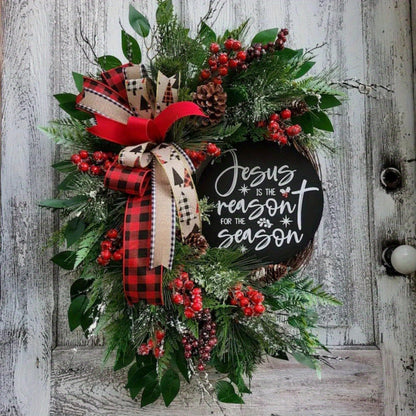 18-Inch Christmas Wreath with Red Bow, Pine Cones, Berries & Holly Leaves - Ideal for Front Door, Indoor & Outdoor Holiday Décor