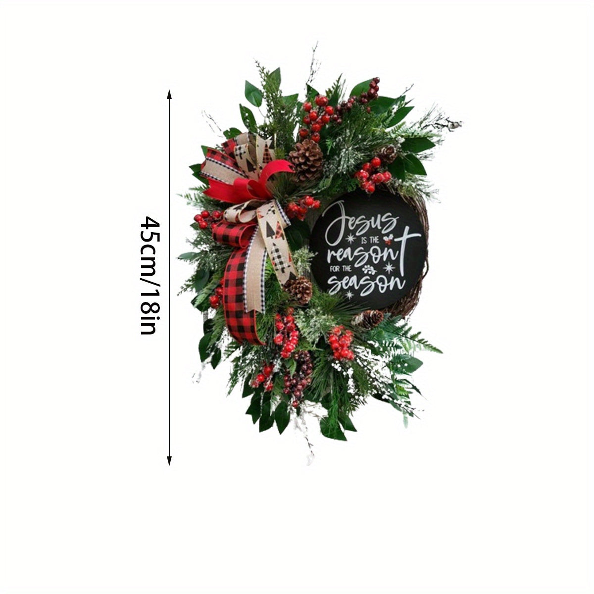 18-Inch Christmas Wreath with Red Bow, Pine Cones, Berries & Holly Leaves - Ideal for Front Door, Indoor & Outdoor Holiday Décor