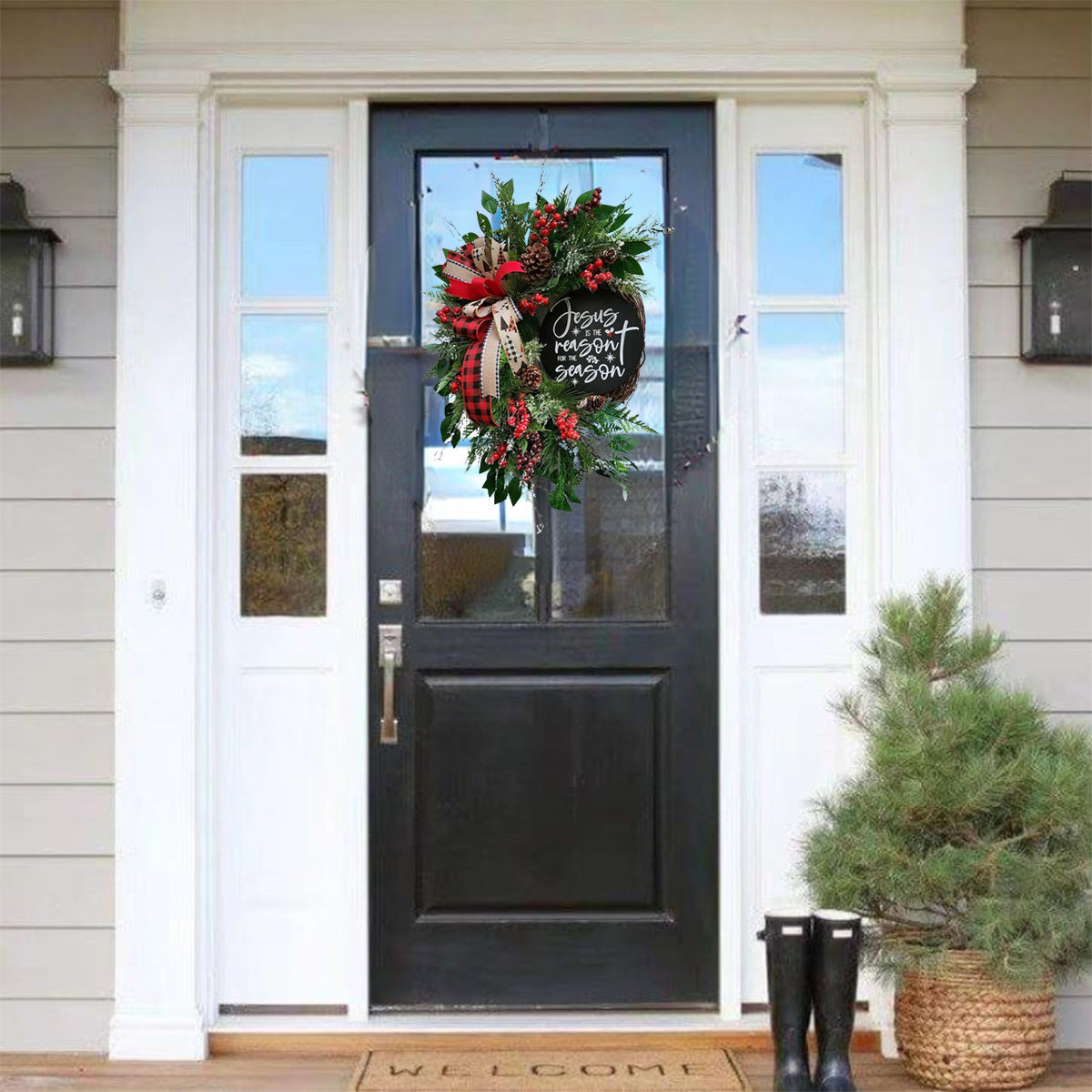 18-Inch Christmas Wreath with Red Bow, Pine Cones, Berries & Holly Leaves - Ideal for Front Door, Indoor & Outdoor Holiday Décor