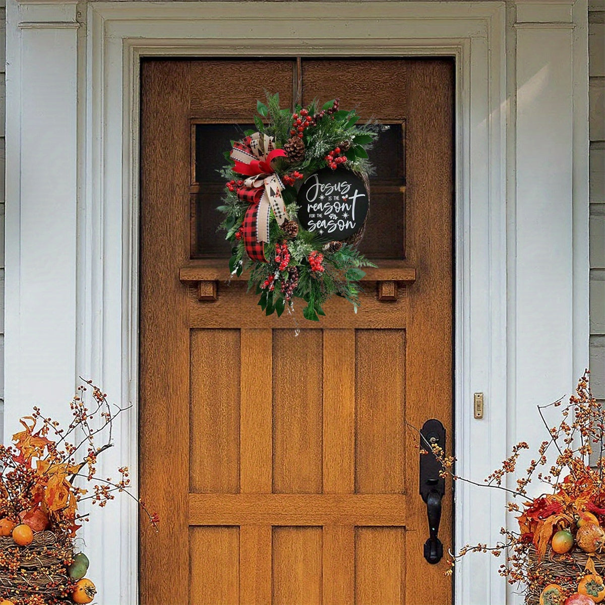 18-Inch Christmas Wreath with Red Bow, Pine Cones, Berries & Holly Leaves - Ideal for Front Door, Indoor & Outdoor Holiday Décor