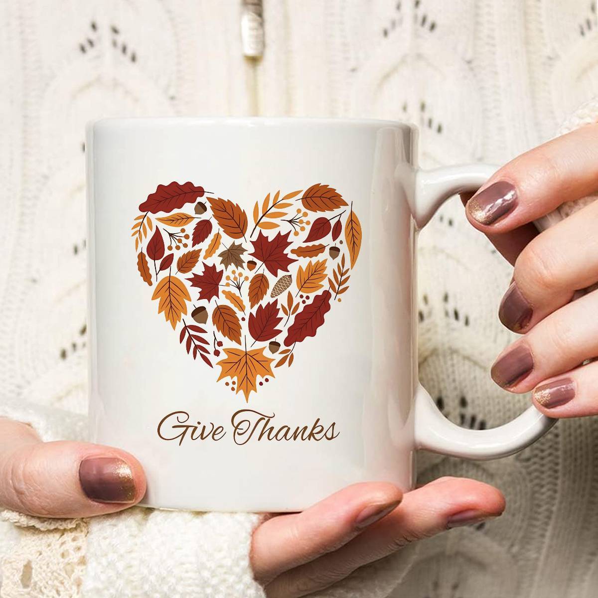 Give Thanks Ceramic Coffee Mug – Autumn Leaves Design (11 oz)