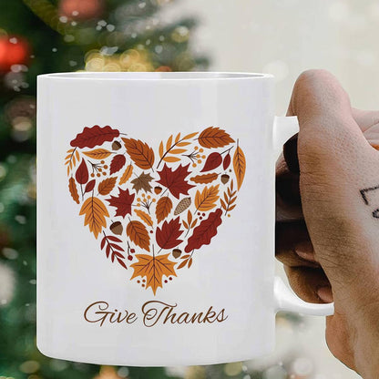 Give Thanks Ceramic Coffee Mug – Autumn Leaves Design (11 oz)