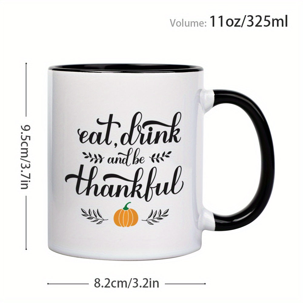 Eat, Drink, and Thank Thanksgiving Pumpkin Pattern Ceramic Coffee & Tea Mug – 11 oz