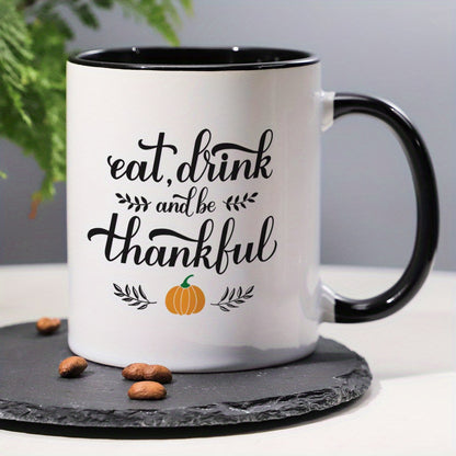 Eat, Drink, and Thank Thanksgiving Pumpkin Pattern Ceramic Coffee & Tea Mug – 11 oz