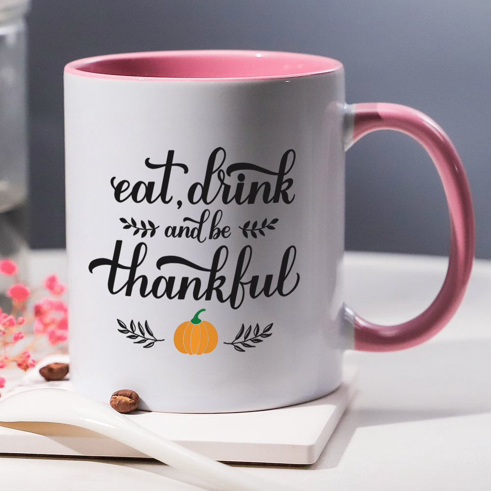 Eat, Drink, and Thank Thanksgiving Pumpkin Pattern Ceramic Coffee & Tea Mug – 11 oz