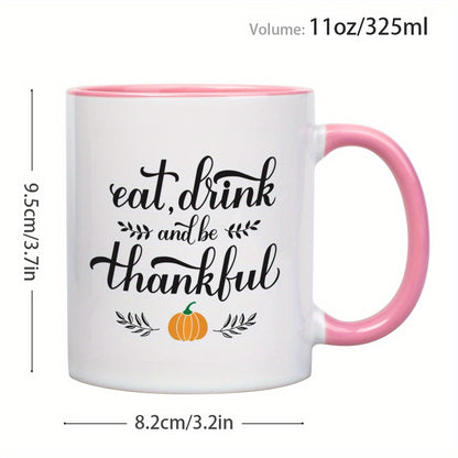 Eat, Drink, and Thank Thanksgiving Pumpkin Pattern Ceramic Coffee & Tea Mug – 11 oz