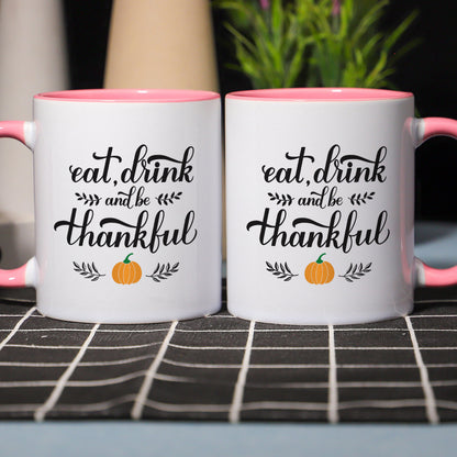 Eat, Drink, and Thank Thanksgiving Pumpkin Pattern Ceramic Coffee & Tea Mug – 11 oz