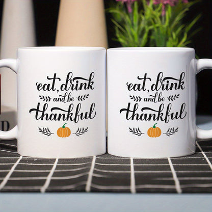 Eat, Drink, and Thank Thanksgiving Pumpkin Pattern Ceramic Coffee & Tea Mug – 11 oz