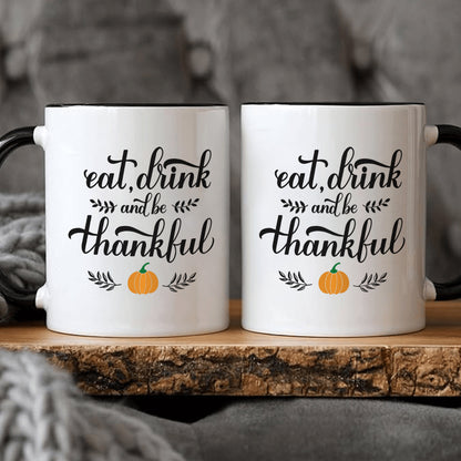 Eat, Drink, and Thank Thanksgiving Pumpkin Pattern Ceramic Coffee & Tea Mug – 11 oz