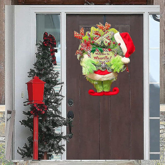 Christmas Thief Wreath for Front Door - Plush Green Elf Legs Holiday Décor