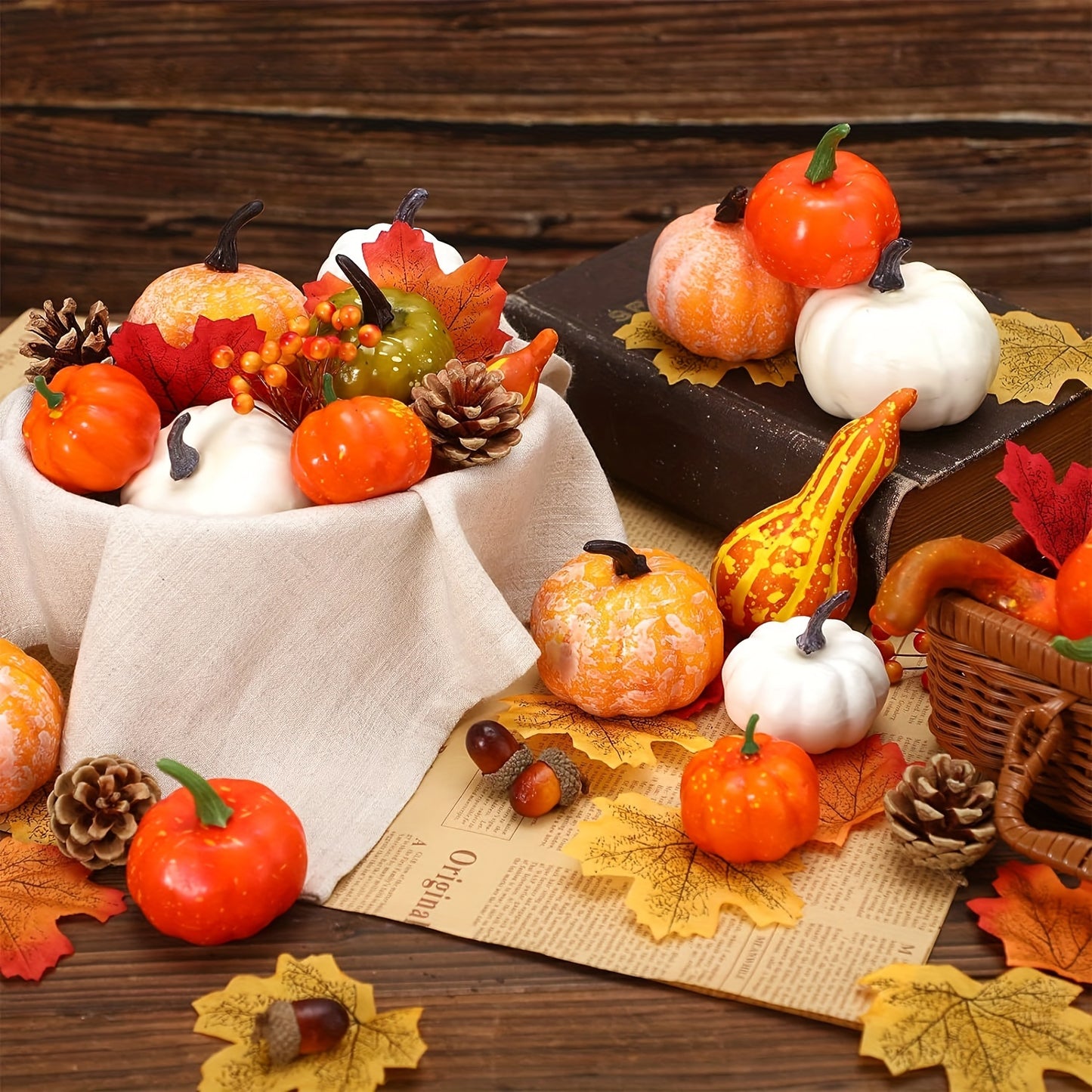 48-Piece Fall Decor Set – Artificial Pumpkins, Gourds, Acorns & Maple Leaves for Thanksgiving & Halloween