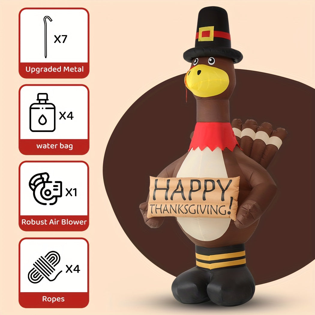 12ft LED Thanksgiving Turkey Inflatable with Pilgrim Hat - Yard & Lawn Décor