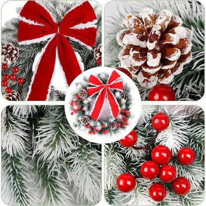 16-Inch LED Christmas Wreath with Pinecones, Red Berries & Bowknot - Perfect Lighted Décor for Winter Holidays