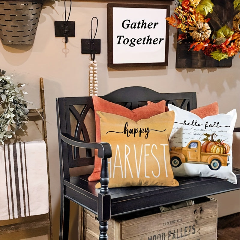 Farmhouse Fall Pillow Covers – "Hello Pumpkin" & "Happy Harvest" (Set of 4, 18x18 Inch)