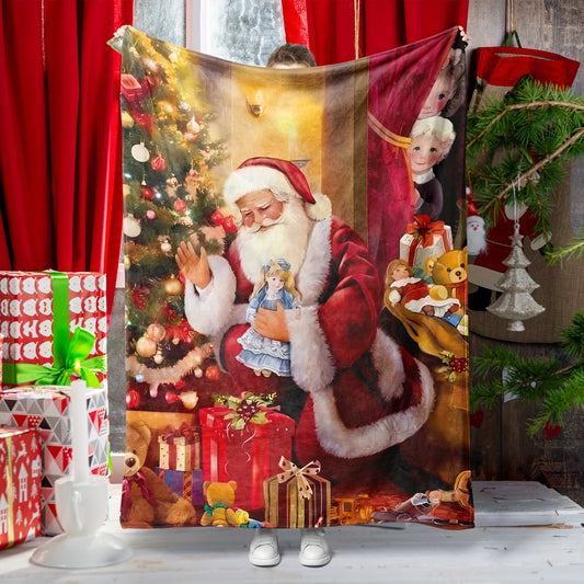 Cozy Flannel Christmas Blanket – Santa Claus & Gift Bear Design, Soft Winter Throw for Couch or Bedroom Decor