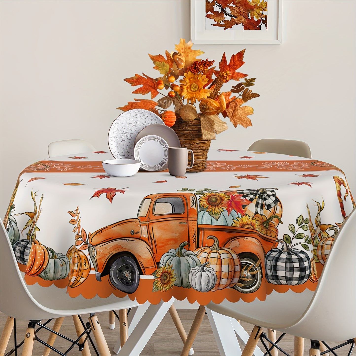 Autumn Harvest Tablecloth with Pumpkin, Maple Leaf & Birds Design – Machine-Woven Polyester with PVC Coating