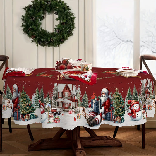 Christmas Holiday Tablecloth with Santa, Snowman, and Christmas Tree Design - Durable Polyester, Machine-Woven Rectangular Table Cover for Indoor & Outdoor Use