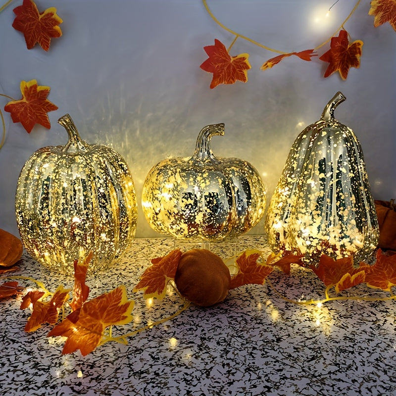 3-Piece Decorative Pumpkin Lights Set – Faux Glitter Pumpkins for Halloween, Thanksgiving, and Christmas Decor