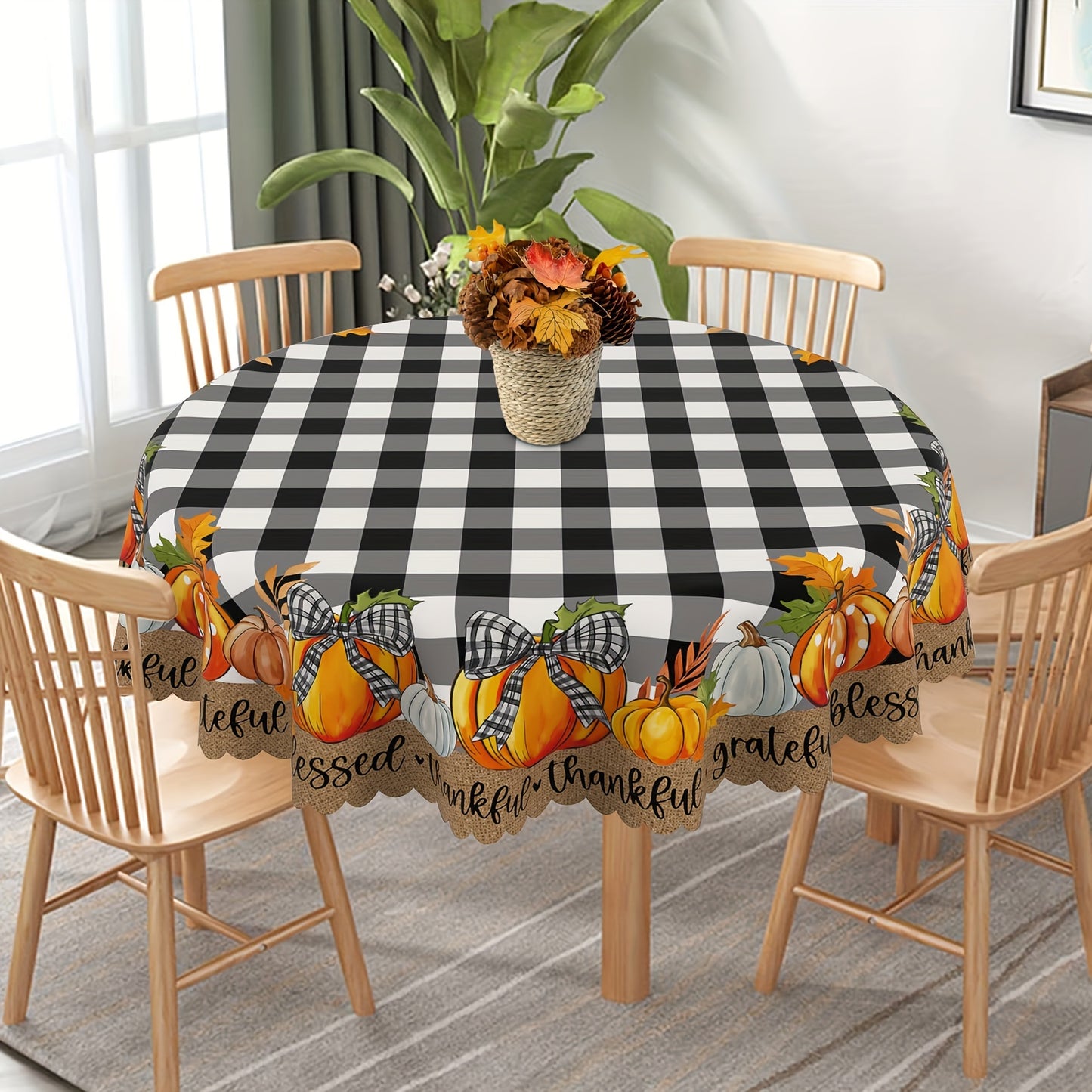 Autumn Thanksgiving Pumpkin & Plaid Black Tablecloth – PVC Coated Polyester