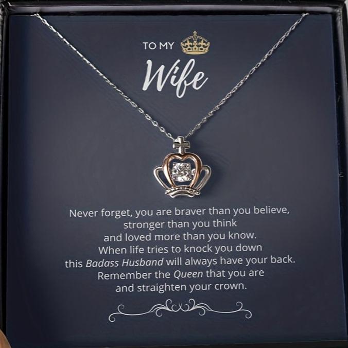 To My Badass Wife Luxe Crown Necklace Gift Set – Birthday, Anniversary, or Valentine's Day Gift from Husband | Jewelry with Message Card and Gift Box