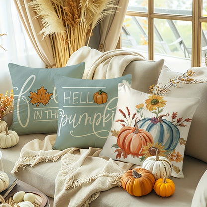 4PCS Fall Throw Pillow Covers – "Hello Pumpkin" & Harvest Designs, Farmhouse Style (18x18”)