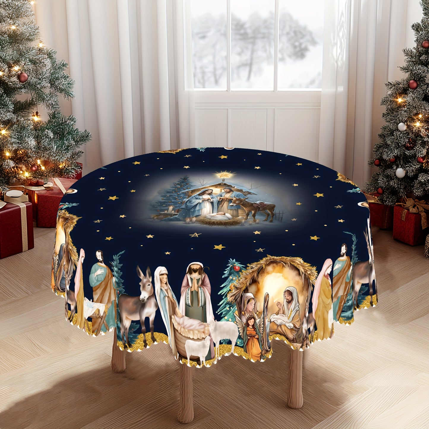 Christmas-Themed Tablecloth with Jesus Birth Scene - Durable Polyester, Embossed Edges, Perfect for Holiday Dining & Décor