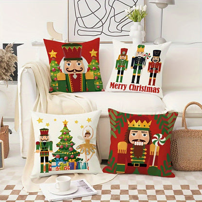 4-Piece Merry Christmas Cushion Cover Set – Festive Cartoon & Xmas Tree Designs for Indoor & Outdoor Decor