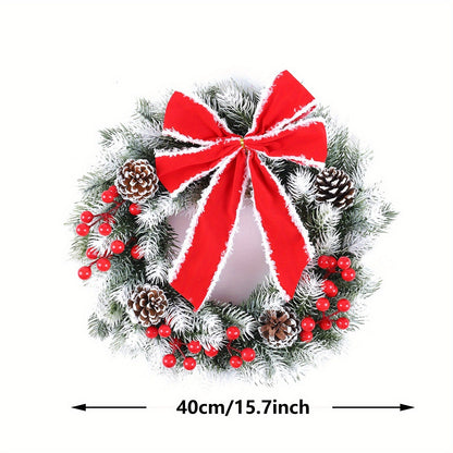 16-Inch LED Christmas Wreath with Pinecones, Red Berries & Bowknot - Perfect Lighted Décor for Winter Holidays