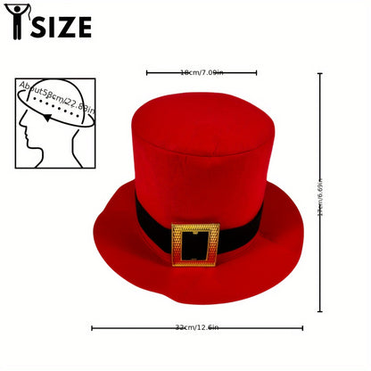 Festive Red Felt Top Hat with Black Accent Band and Golden Buckle - Perfect for Christmas, Halloween, Easter, Valentine’s Day, and More