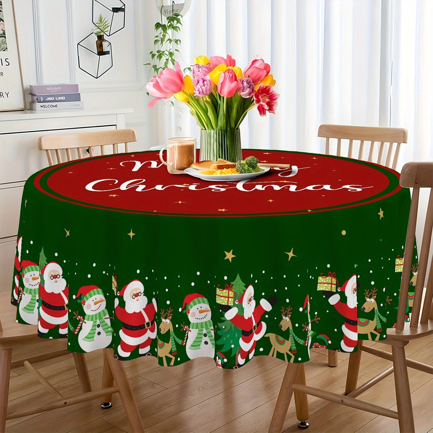 Christmas Cartoon Tablecloth - 100% Polyester Round Waterproof Table Cover with Santa, Snowman, and Christmas Tree Design, Ideal for Holiday Festivities