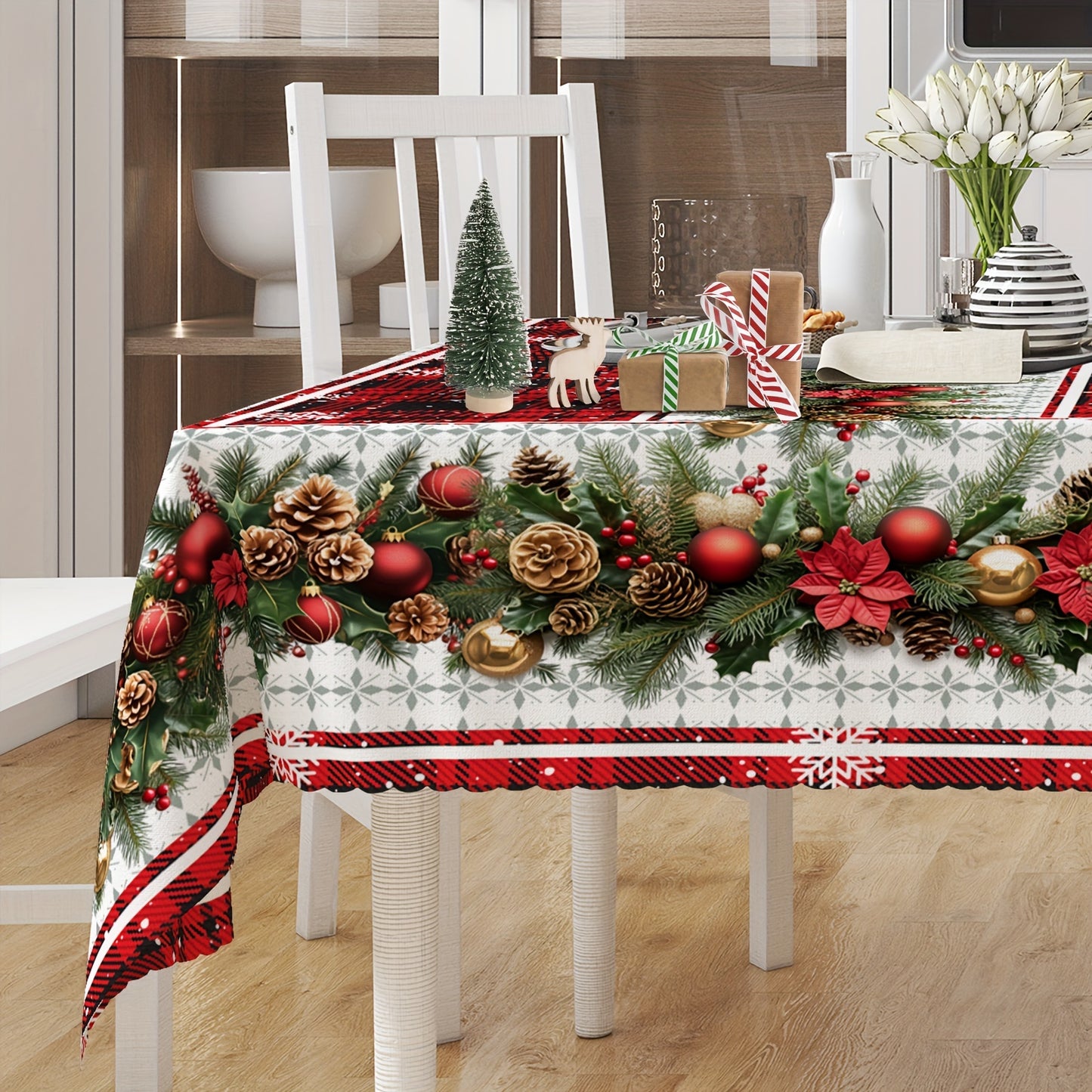 Christmas Festive Tablecloth with Snowflake & Pine Cone Design - Waterproof and Stain-Resistant Polyester, Perfect for Holiday Dining and Outdoor Picnics